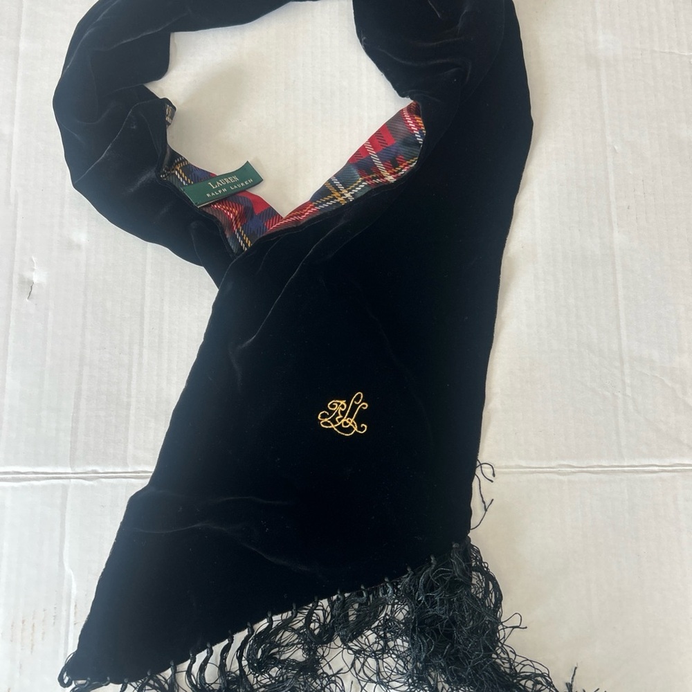 Ralph Lauren Black Velvet Scarf with Plaid Accent